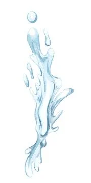 Stream and splash of water isolated on white background. Watercolor hand drawn Stock Illustration