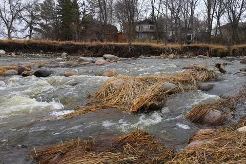 A stream between rocks and dry grass Stock Photos
