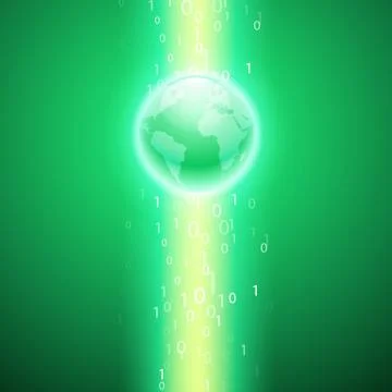 Stream of binary code to the globe. Green background. Illustration