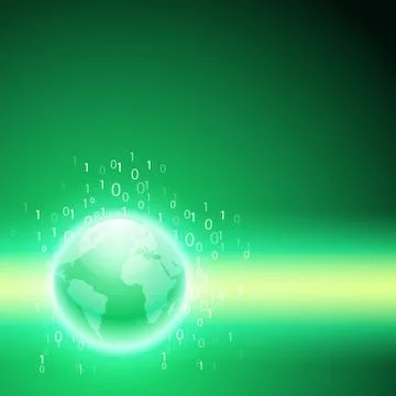 Stream of binary code to the globe. Green background. Illustration