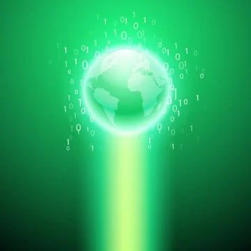 Stream of binary code to the globe. Green background. Stock Illustration