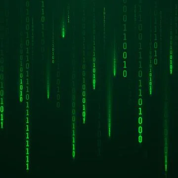 Stream of binary code. Green color code streams glowing on screen. Falling ra Stock Illustration