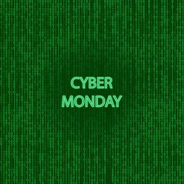 Stream of binary code on screen. With cyber monday headline. Abstract vector Illustrazione stock