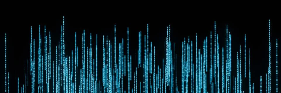 Stream of binary matrix code numbers on the screen panorama 3d rendering. Stockillustratie