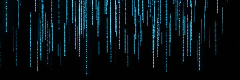 Stream of binary matrix code numbers on the screen panorama 3d rendering. Stock Illustration
