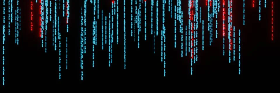 Stream of binary matrix code SALE on the screen panorama 3d rendering Stock Illustration