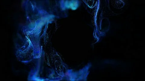 Stream of blue luminous particles underwater on black background runs into a Stock Footage 130225530