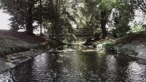 Stream with a bridge in the park between trees, sunny weather, 4k drone shooting 스톡 동영상 148092835