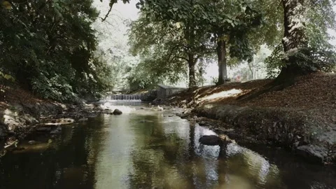 Stream with a bridge in the park between trees, sunny weather, 4k drone shooting 스톡 동영상 148092847