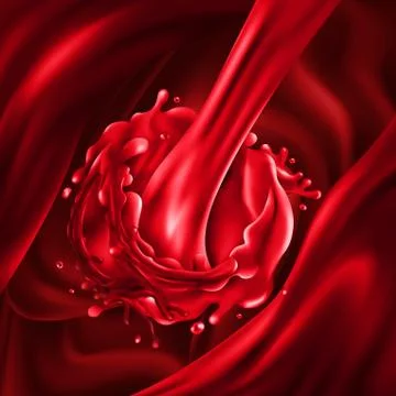 Stream of cherry juice pours into red liquid waves Stock Illustration