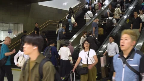 Stream of Commuters: Escalators and Stairs at Train Station in Kyoto, Japan Stock Footage 264985587