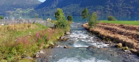 Stream of crystal clear water going out to the lake of Jostedalsbreen, 4k video 库存影片 158772708