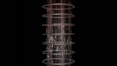 Stream of energy , particles moving through magnetic rings . 3d animation render Stock Footage 201399616