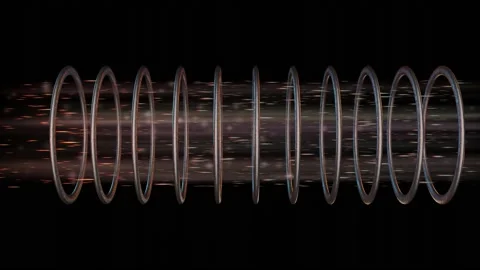 Stream of energy , particles moving through magnetic rings . 3d animation render Stock Footage 201399618
