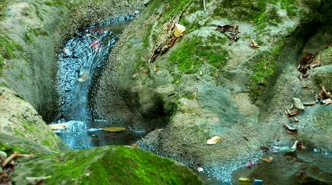 Stream erodes rocks covered with moss Stock Footage 525463