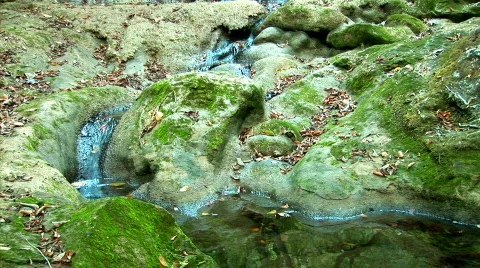 Stream erodes rocks covered with moss-1 Stock Footage 525486