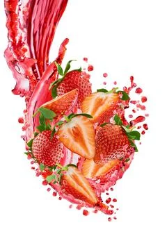 Stream of exploding fresh red strawberry juice with strawberry slices, drople Stock Photos