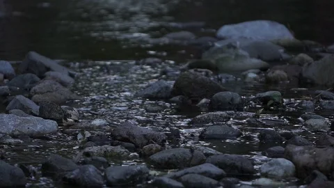 Stream flowing between stones at dusk, handheld shot (ungraded) Stock Footage 120781276