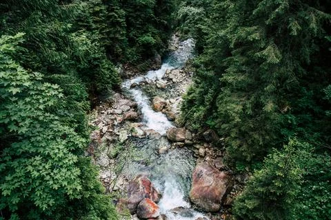 Stream flowing down from high mountains in polish Tatras Stock Photos