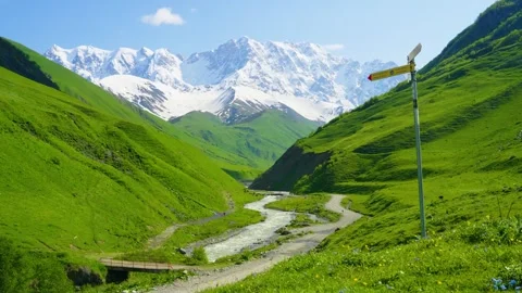 The stream flowing at the foot of the snow-capped mountains and the hiking path Stock Footage 314635960