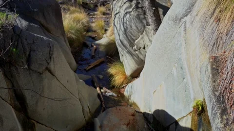 A stream flowing through an idyllic rocky canyon in the desert Stock Footage 329428752