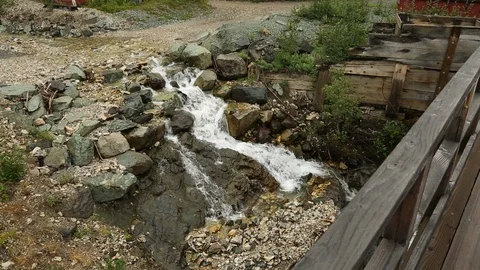 Stream Flowing Through Landscape Buildings Kennecott Wrangell St Elias Stock Footage 121540193