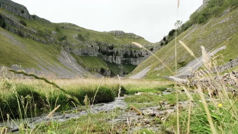 A stream flowing through a valley in slow motion in England Stock Footage 136421857