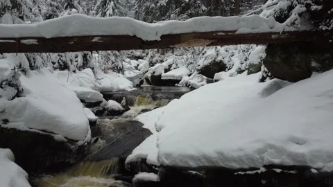 A stream flowing through the winter forest to the waterfall . Aerial view Stock Footage 148080432