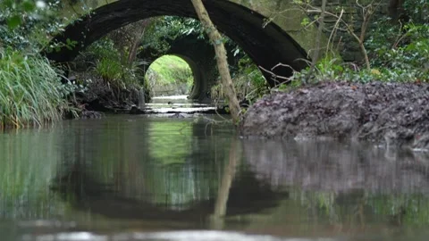 Stream Flowing Under Arched Bridge near Cox’s Meadow, Cheltenham, UK Stock Footage 304464622