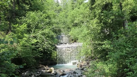 Stream flows between the mountains in uncontaminated natural environment Stock Footage 312142293