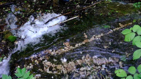 The stream flows down the slope, forming a white foam Stock Footage 142478951