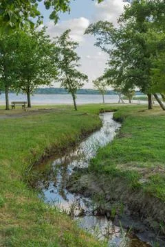 Stream flows in the middle of forest to the sandy lakeshore Stock Photos