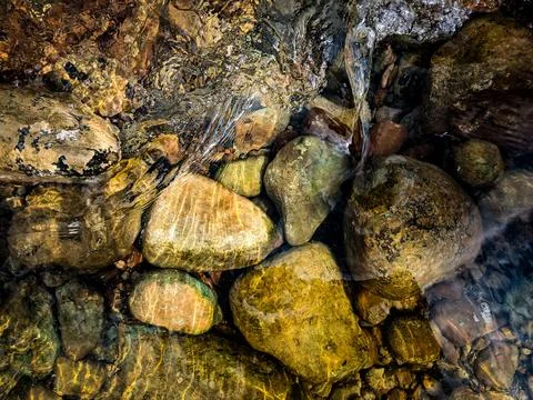 Stream flows over wet river rocks 스톡 사진