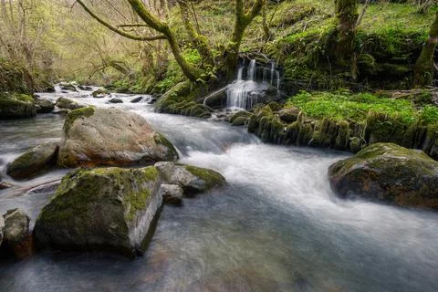 A stream flows into a river through a small waterfall Stock Photos