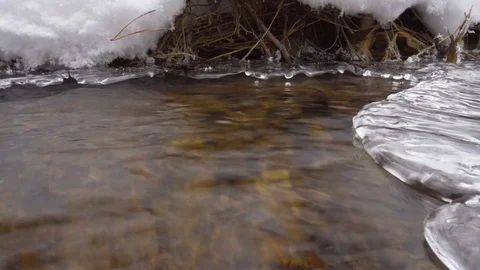 A stream flows under the ice which melts Stock Footage 72936953