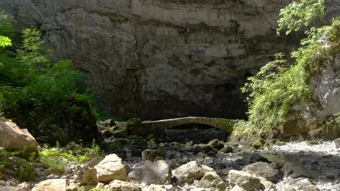 The stream flows under a small stone bridge in a karst canyon Stock Footage 227895039