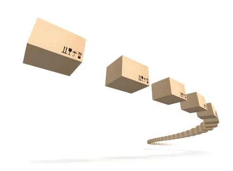 Stream of flying cardboard boxes isolated on white. Fast accuracy delivery me Stock Illustration