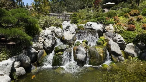 Stream in the garden. Water flows around stones in flowing river. Stock Footage 117692940