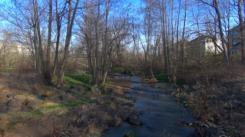 Stream with a housing community in the background Stock Footage 37996366