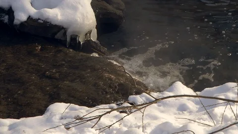 Stream joins the river. Snow. Stock Footage 88010608
