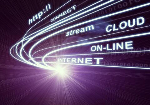 Stream of light beams and words like internet, on-line etc. on dark background Illustrazione stock