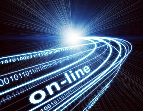 Stream of light beams, digits and word on-line on dark background Stock Illustration