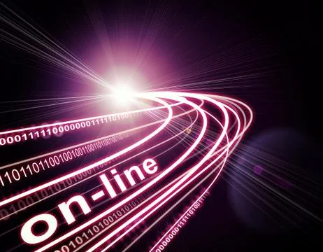 Stream of light beams, digits and word on-line on dark background Stock Illustration