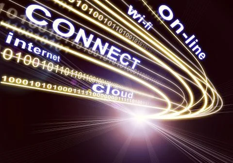 Stream of light beams, digits and words like internet, on-line etc. on dark back 스톡 일러스트
