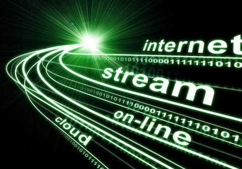 Stream of light beams, digits and words like internet, on-line etc. on dark back Stock Illustration