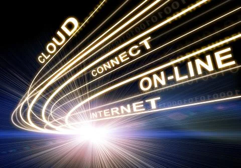 Stream of light beams with inscribed binary code and words like internet, on-lin Stock Illustration