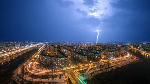 The stream of lightning above the night city. time lapse Stock Footage 106848330