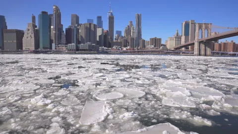 Stream of many Ice floes flow up on the East River beneath Brooklyn Bridge. Vídeos de archivo 336871061