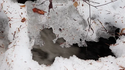 The stream melts snow in the spring Stock Footage 127648861