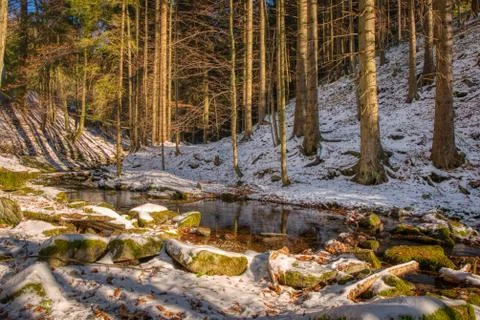Stream in the mountains with snow around Stock Photos